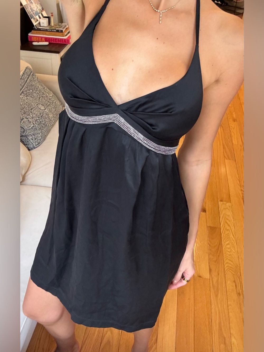 VINTAGE Black Empire Waist Halter Dress with Chain Trim
